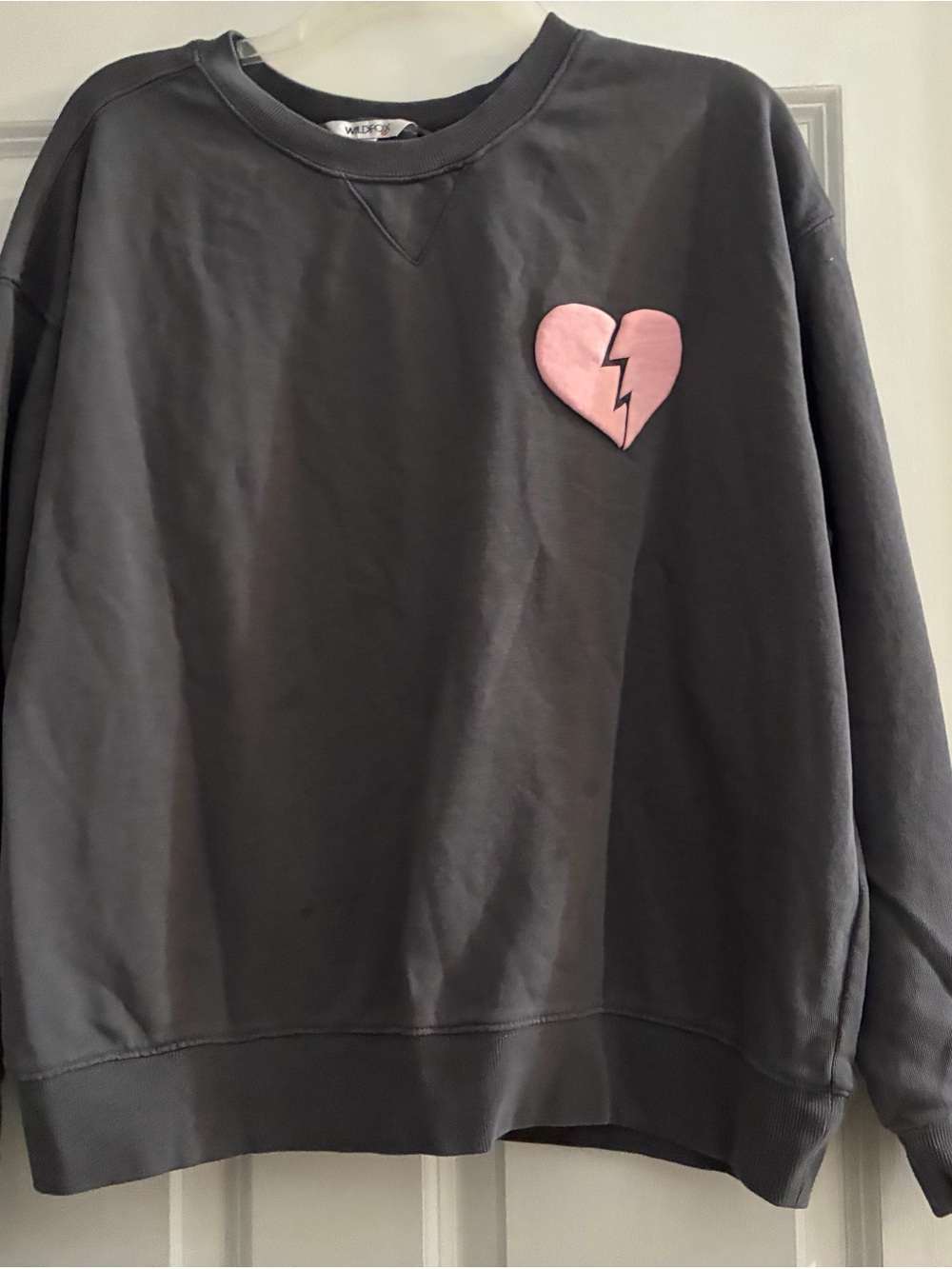 Charcoal Crewneck Sweatshirt with Pink Broken Heart Patch